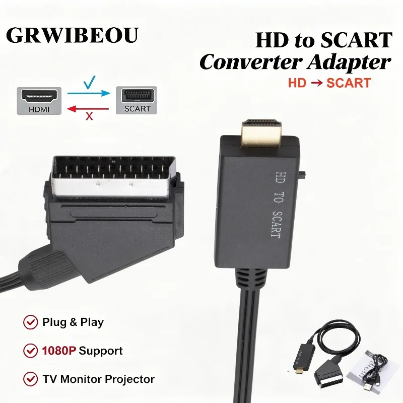 1080P HDMI-compatible to SCART Video Audio Converter Adapter Cable PAL/NTSC with USB Power for HDTV DVD Sky Box Plug and Play