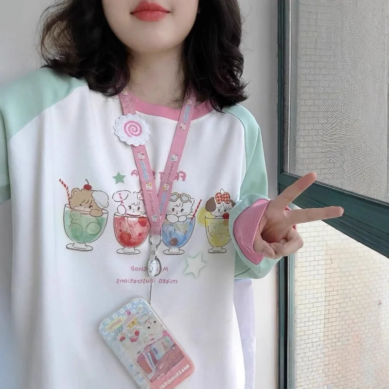 

Women Two-color Anime T-shirt Basic Lady Long Sleeve Cute Cartoon Pattern Tops Oversized T Shirt Versatile Trend Style Tops