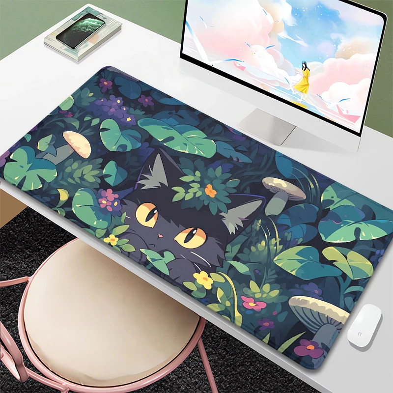 Mushroom Deskmat Anime Cat Mouse Pad Cute Purple XL Mousepad Cat Desk Decor Extended Mouse Pad Pc Keyboard Mat Oversize Desk Pad