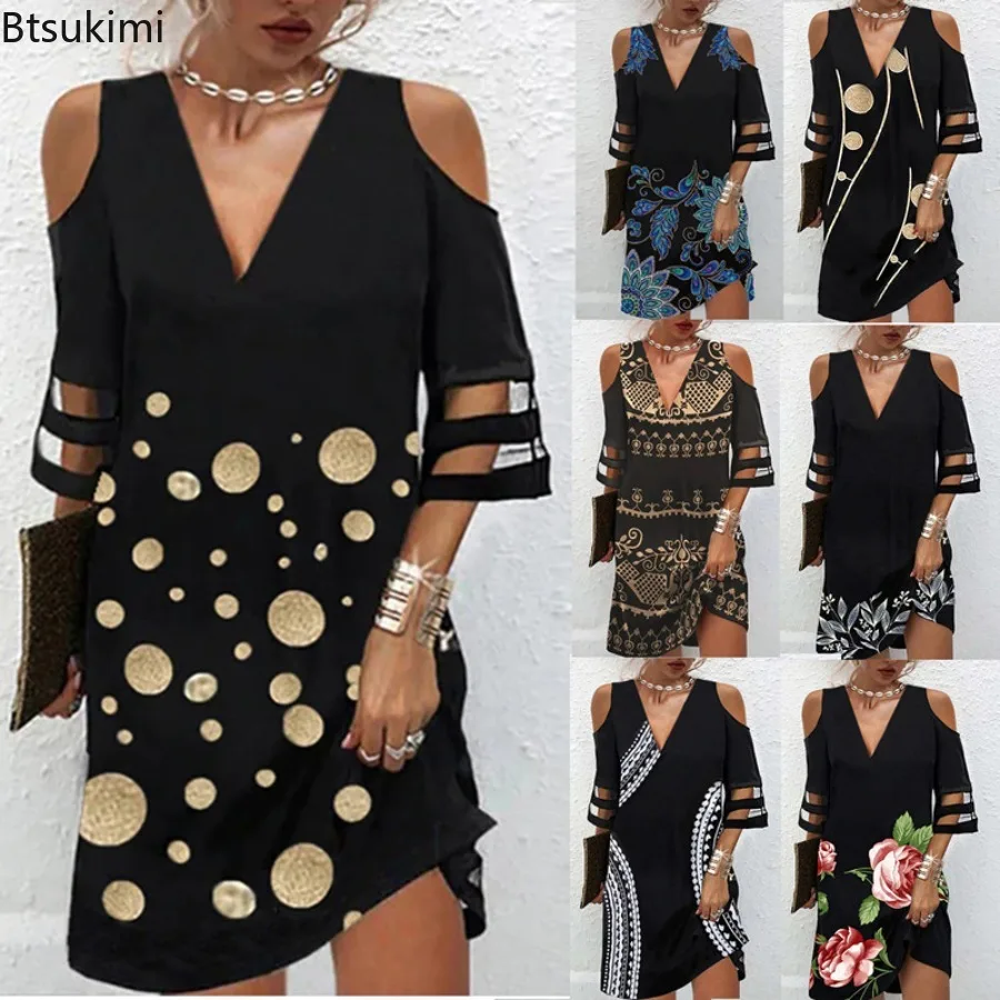 

New 2025 Women's Summer Casual Dress V Neck Hollow Out Mesh Patchwork Mini Dress Lace Design Print Beach Party Dresses for Girls