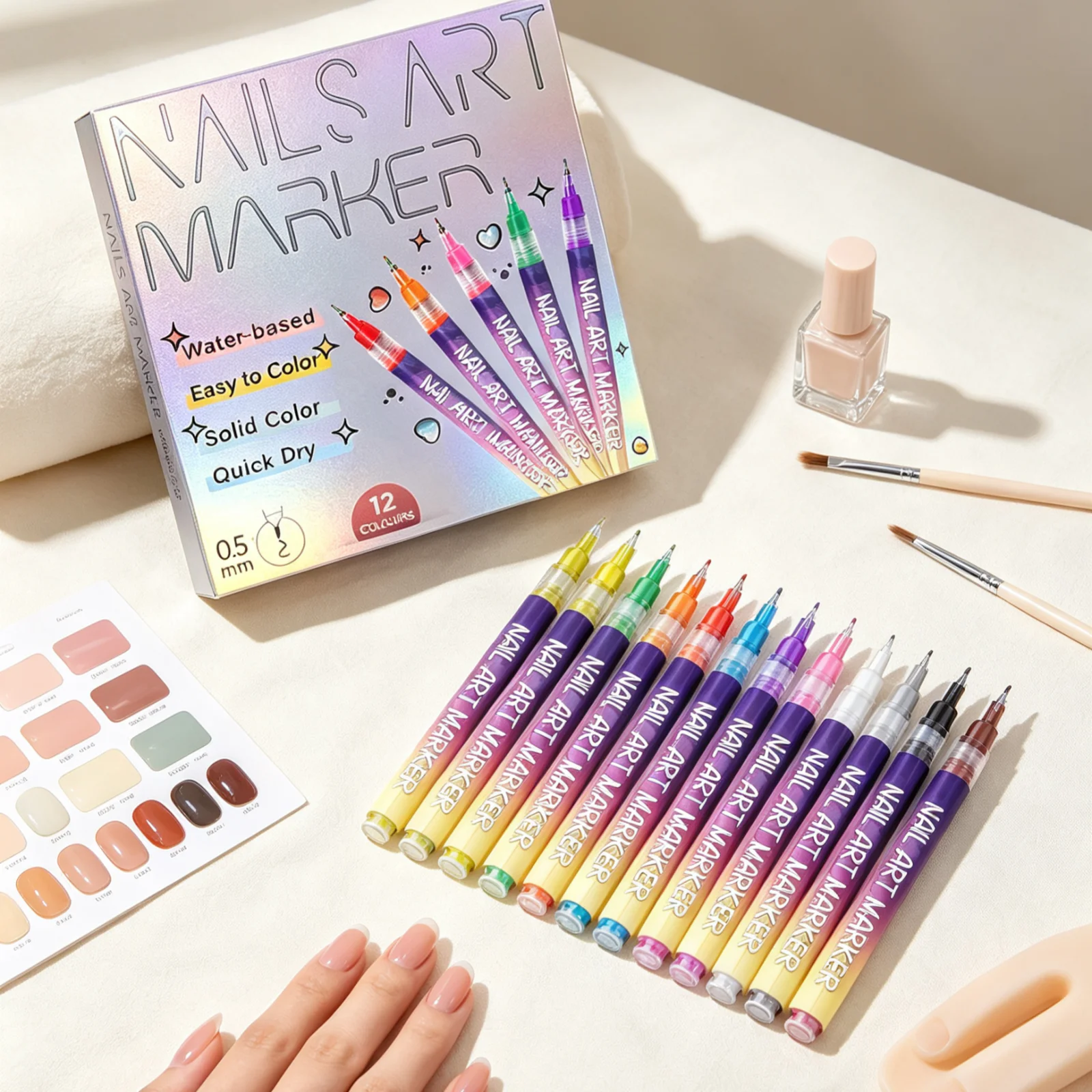 Nail Art Marker Pen for Beginner Long Lasting Smooth Dispensing Ink Solid Color Easy Apply Quick Dry Nail Art Pens Set 12 Pieces
