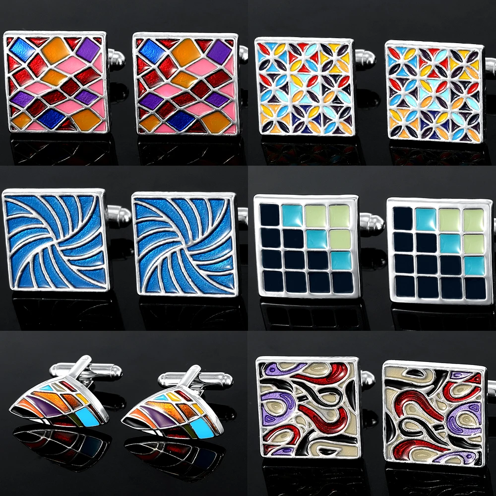 Mens Colorful Enamel Plaid Chequer Square Cufflinks Creative Rainbow Sail Shaped Sleeve Button Wholesale