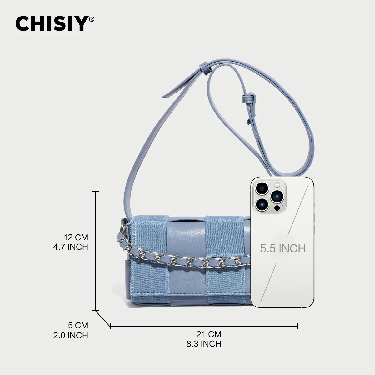 CHISIY Original Handmade Woven Plaid Beaded Blue Artificial Leather Ingredient Shoulder/Cross-Body Bag, Adjustable Strap, Commut