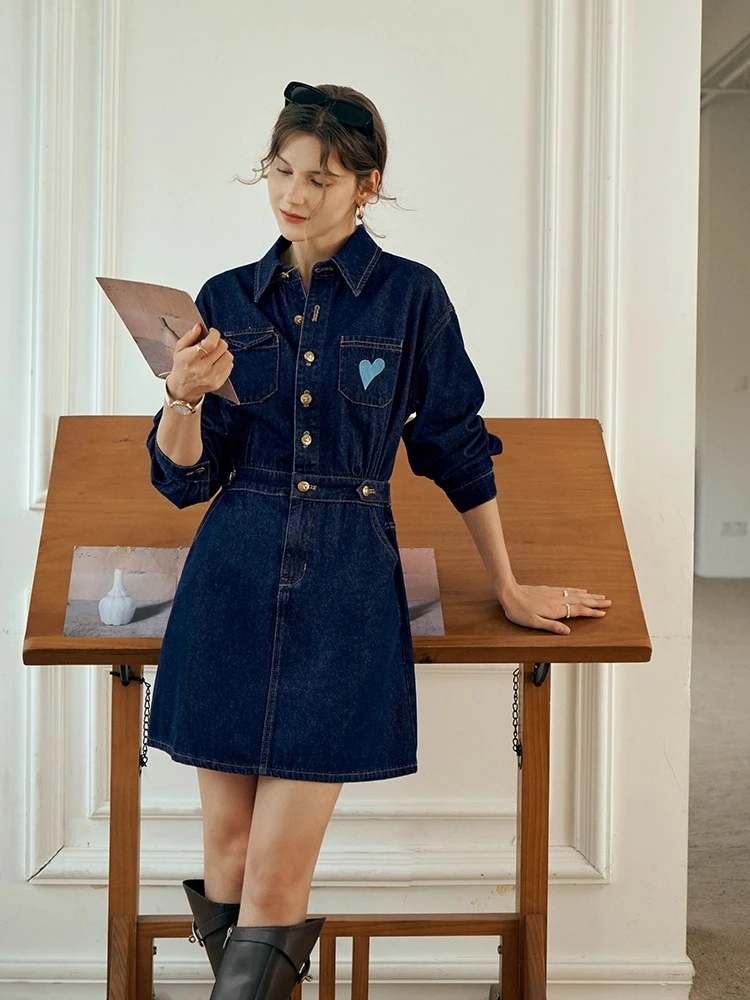

OLrain Fashion Denim Dresses for Woman 2025 Autumn Turn-down Neck Embroidered Dress Elegant Commute Long Sleeve Dress O57QL85501