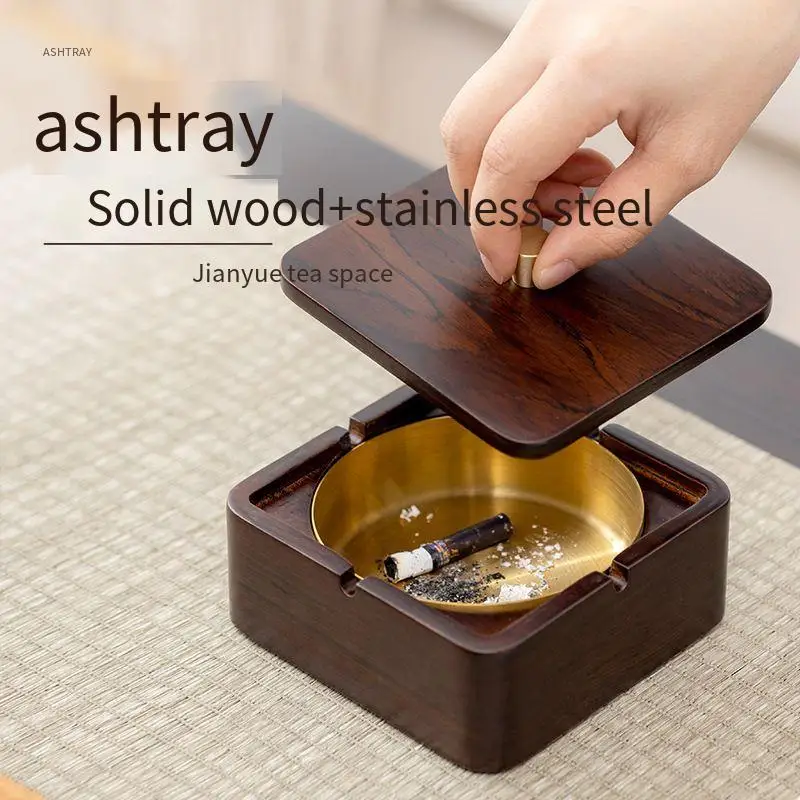 Stainless Steel Ashtray Household Living Room with Cover Solid Wood Ashtray Fly Ash Office Wood Cover Gold Smoke Cup Gift