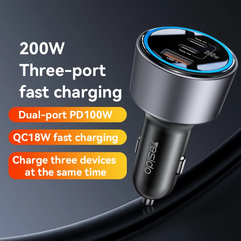 

200W Car Charger USB Type C PD 100W Fast Charging USB C Car Phone Charger for iPhone 16 15 Samsung Macbook