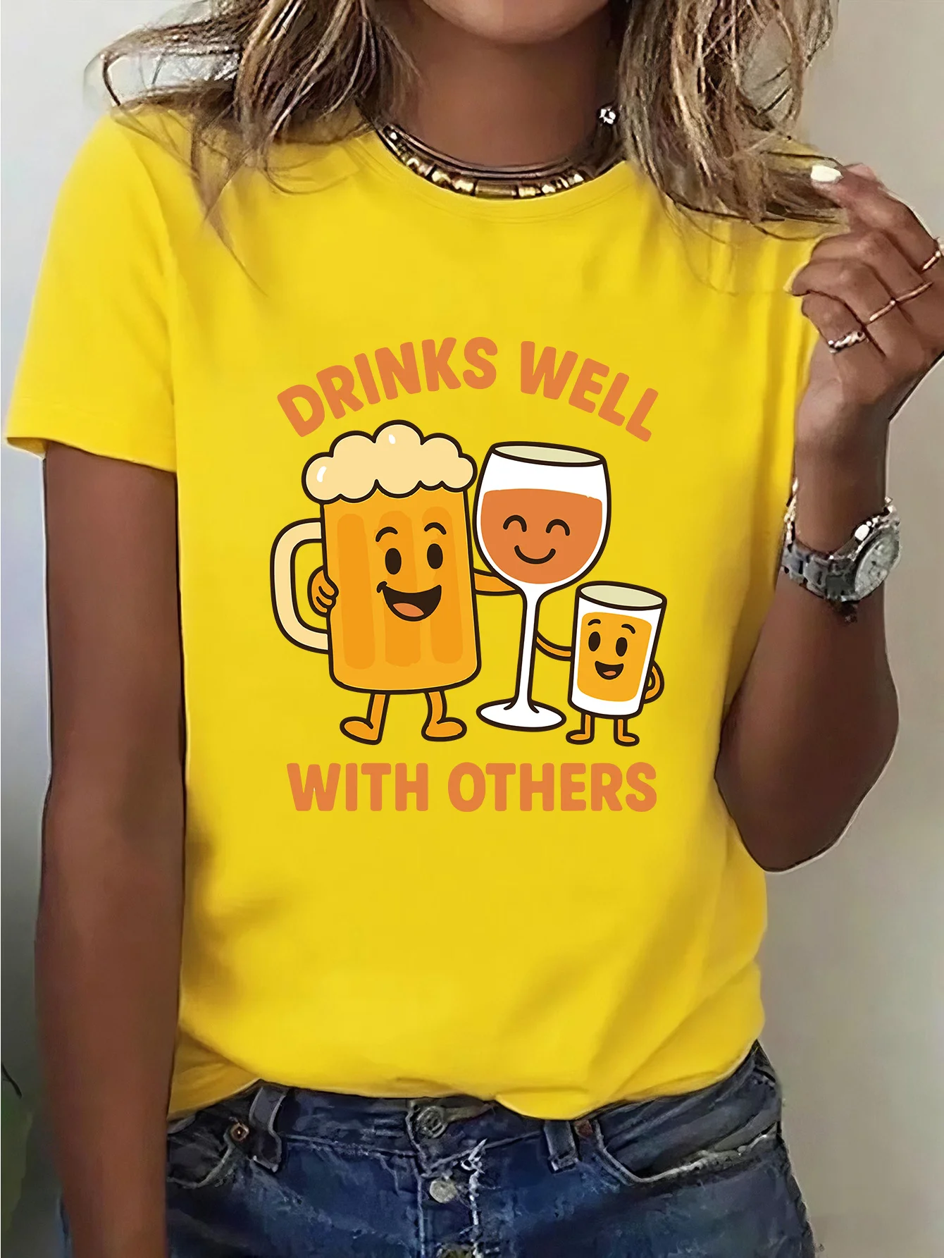 Funny Beer Wine Drinks Well With Others Cartoon Graphic Womens T Shirt Short Sleeve Crew Neck Party Casual Daily Ladies Tee Tops