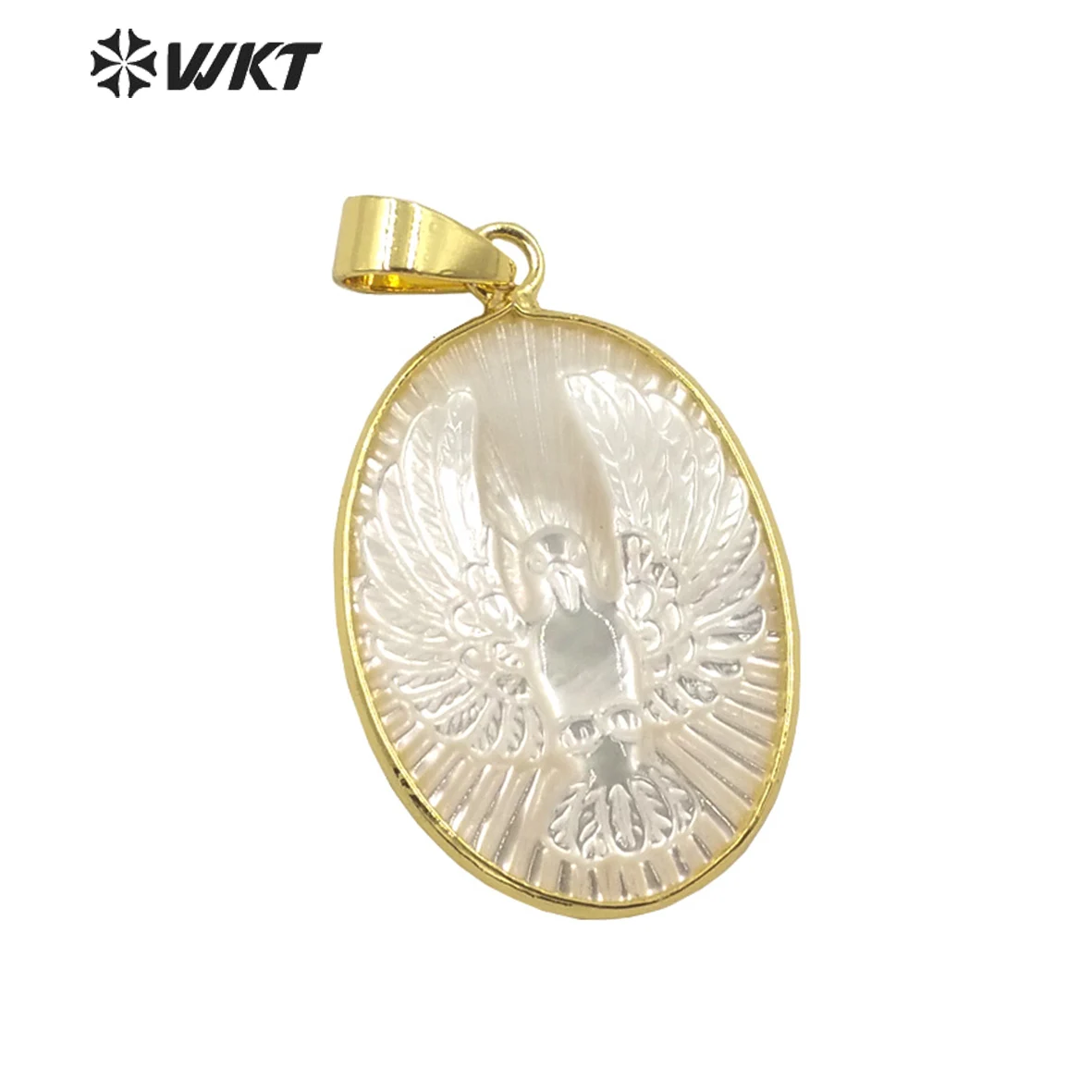 

WT-JP301 WKT Newest exclusive hand carved MOP the peace of Pigeon pendant oval shape gold bezel white bird pendant