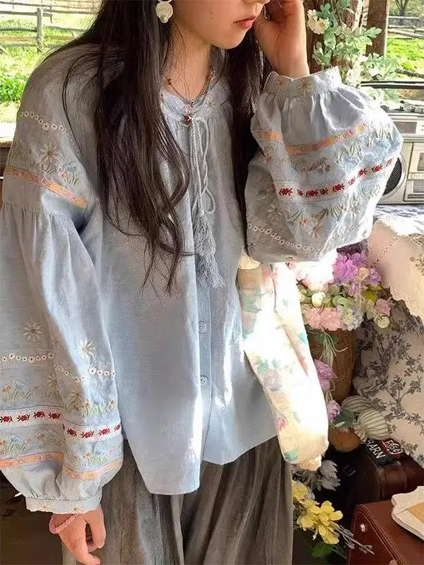 

Loose Fit Embroidered Lantern Sleeve Shirt Women's Casual Style Linen Shirt with Belt Spring Autumn Versatile Ageless Design