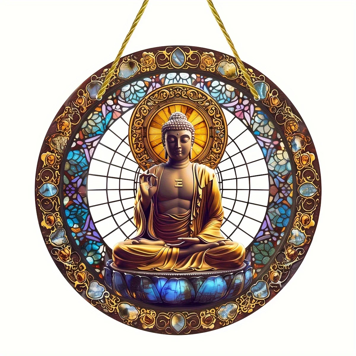 Tathagata Buddha Colored Window Hanging Light Catcher,Round Acrylic Sign,For All Season,Home,Garden Courtyard Room Decoration