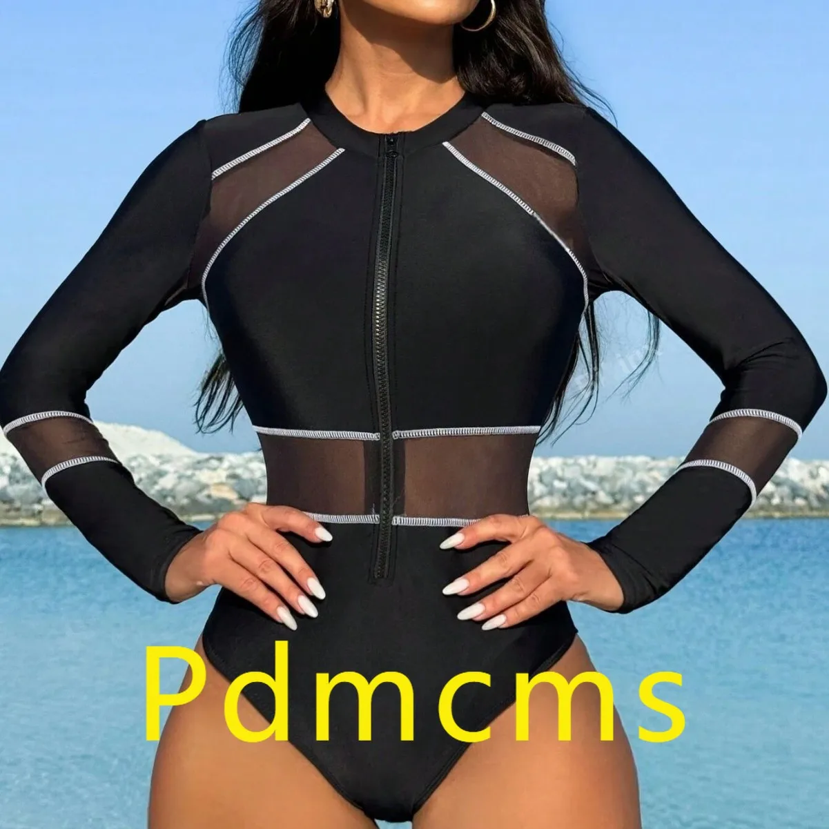 

2025 новый сетчатый цельный купальник на молнии с длинными рукавами, популярный цельный купальник в Европе и Америке, костюм для серфинга