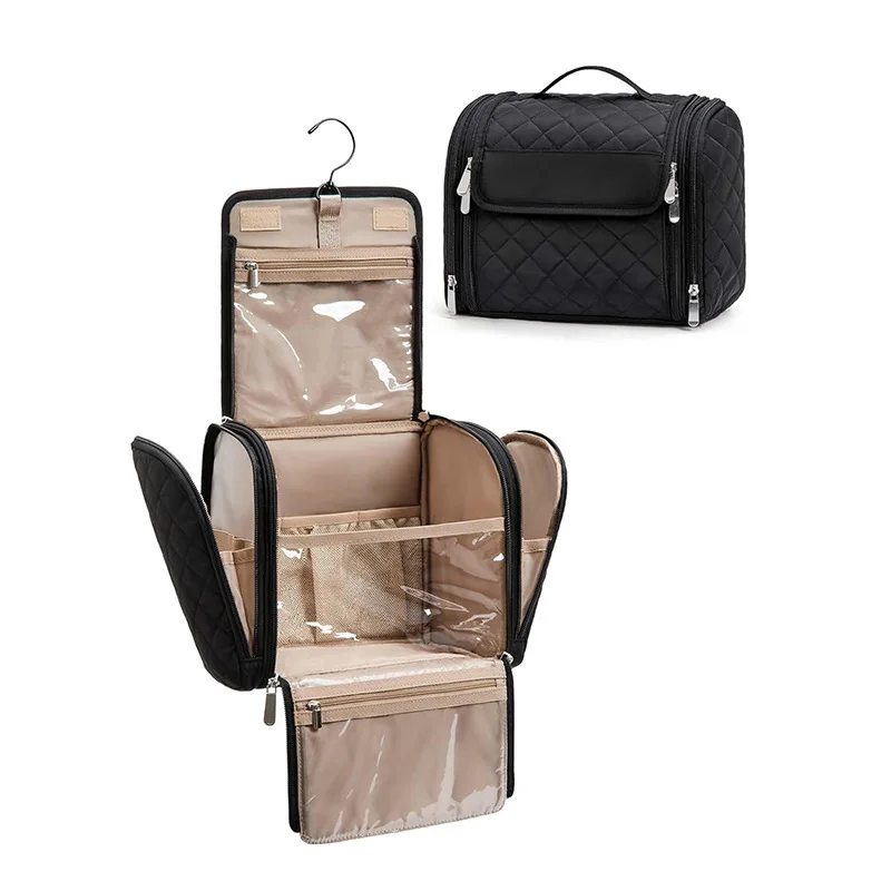 Black Quilted Hanging Toiletry Bags Waterproof Multi-compartment Handbag Women Travel Cosmetic Organizer Makeup Bag with Hook