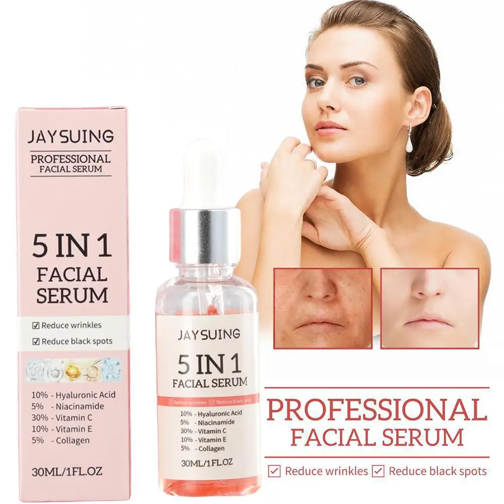 5-in-1 Face Serum 30ml Moisturizing, Whitening, Anti-Wrinkle, Anti-Aging Vitamin C & Hyaluronic Acid Shrink Pores Skin Care