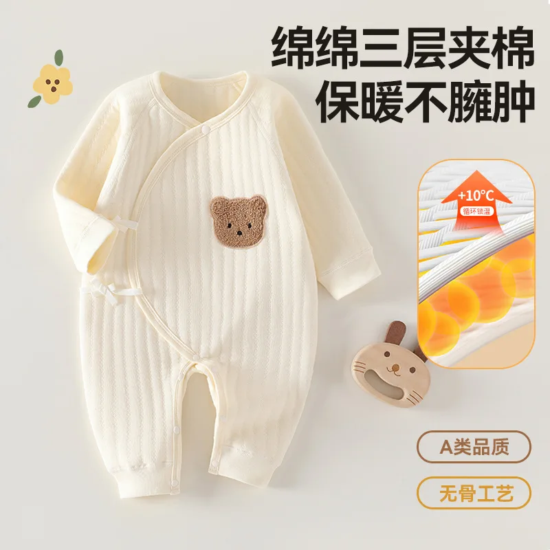 Autumn Newborn Clothes Winter Thick Butterfly Clothes Three-layer Warm Baby Crawling Clothes Spring and Autumn Rompers Bodysuit