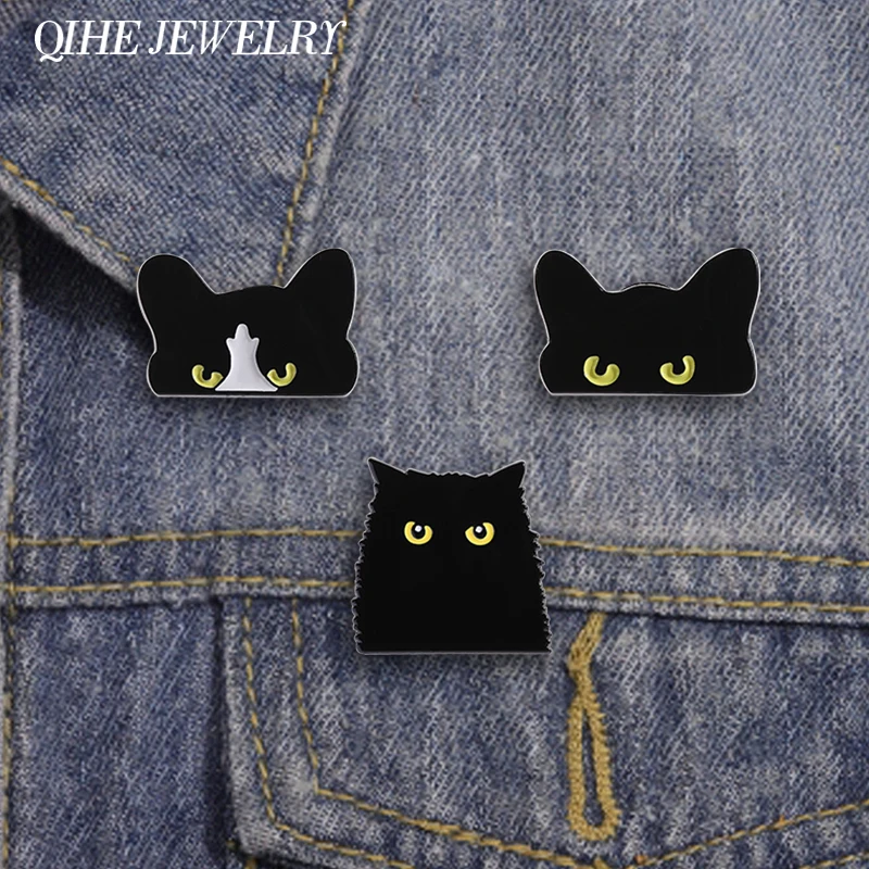 Cartoon Cute Black Peeping  Cat Enamel Pins Custom Big Eyes Sneaky Cat Brooches Backpack Lapel Badge Funny Jewelry Gifts Friends