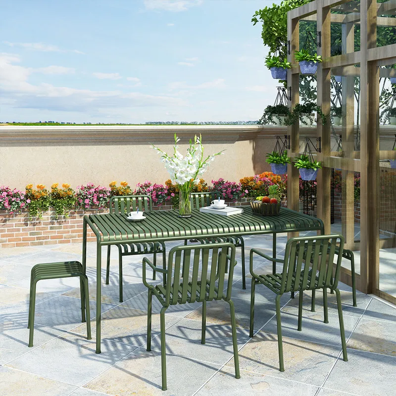 Modern leisure terrace outdoor balcony outdoor long table milk tea shop cafe wrought iron color table and chair combination
