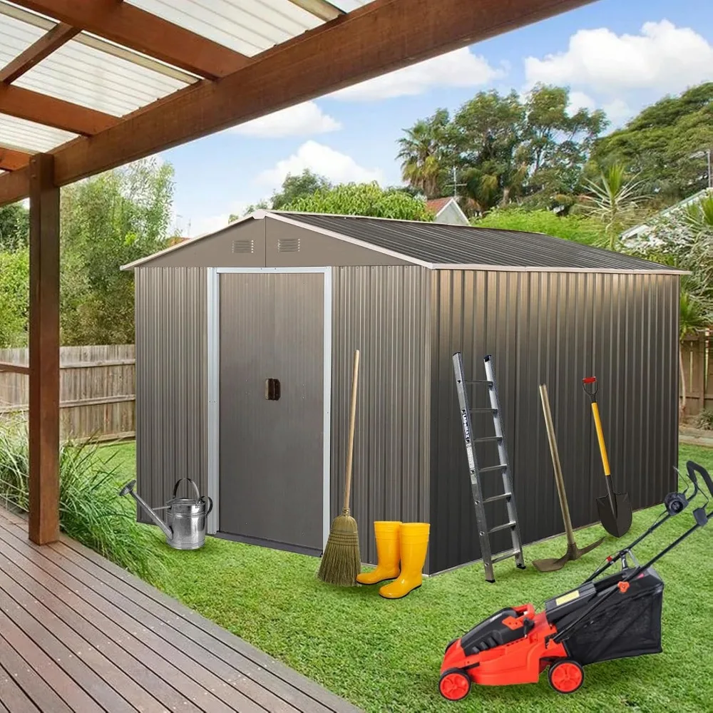 10 X 8 FT Outdoor Storage Shed, Metal Garden Shed with Floor Frame, Large Tool Shed with Lockable Sliding Doors & Air Vents