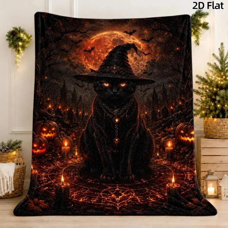 Dark Halloween Black Cat Witch Flannel Throw Blanket, Full Moon Pumpkin Candle Bat Print Soft Warm Blanket for Sofa Home Decor