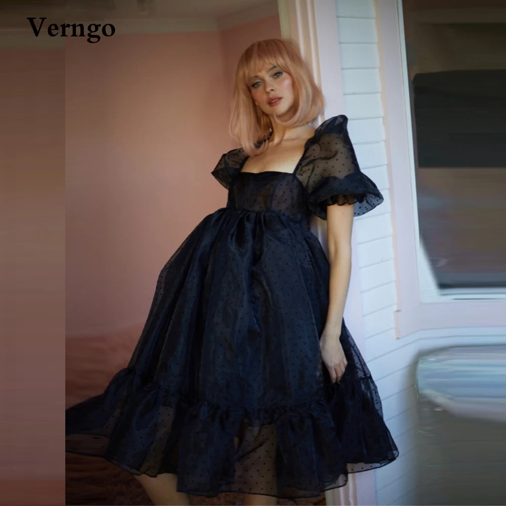 

Verngo Black Dotted Tulle Prom Dresses Short Puff Sleeves Square Neck Empire Waist Tea Length Women Party Formal Gown