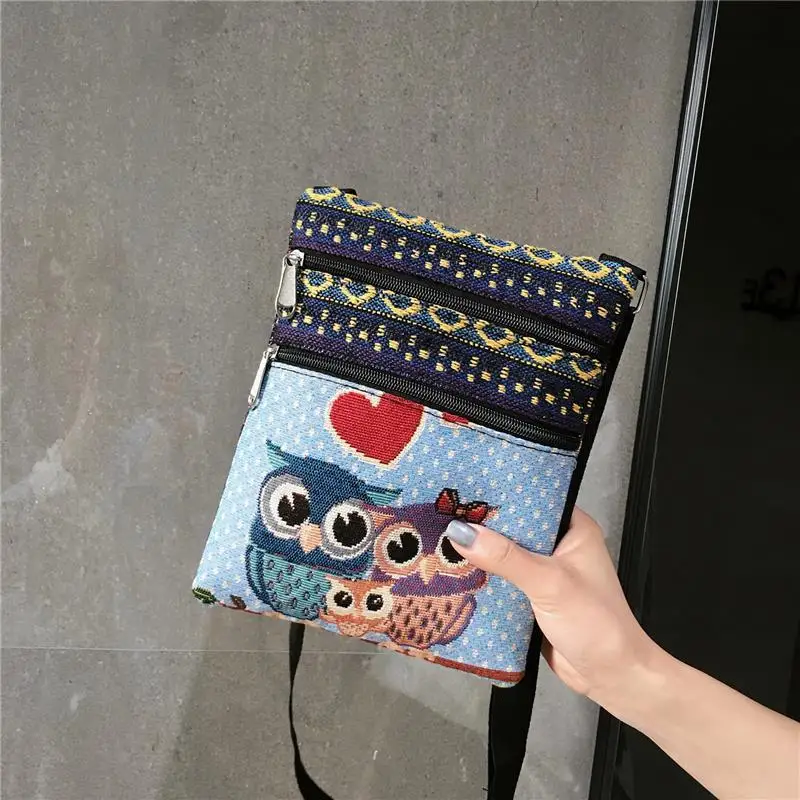 Cute Lady Shoulder Bag Owl Print Messenger Flap Bag Female Mini Canvas Ladies Double Zipper Ladies Messenger Bag 2024