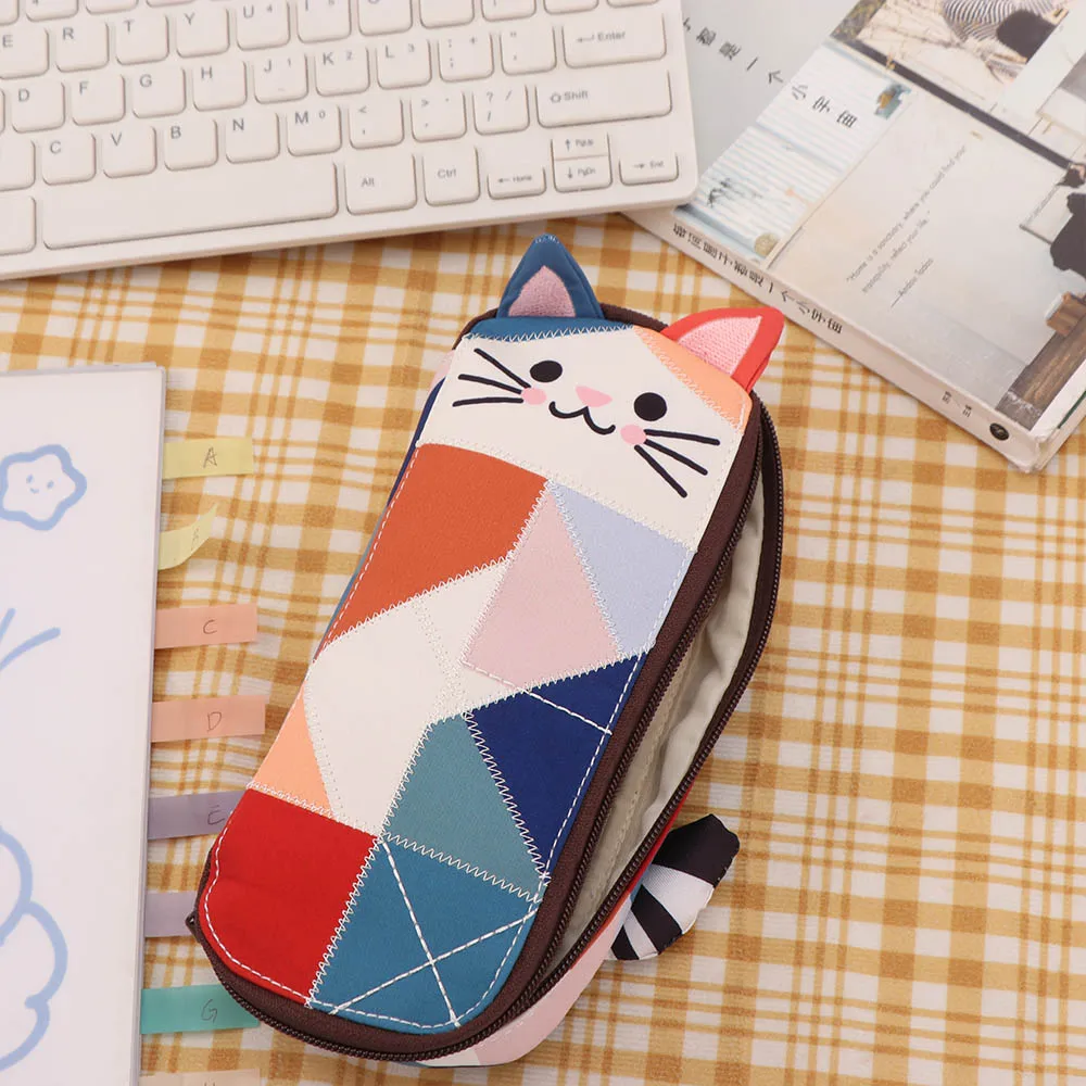 Makeup Bag Cloth Cat Pencil Case Japanese Style Color Block Cartoon Pen Bag Zipper Patchwork Stationery Storage Bag Office
