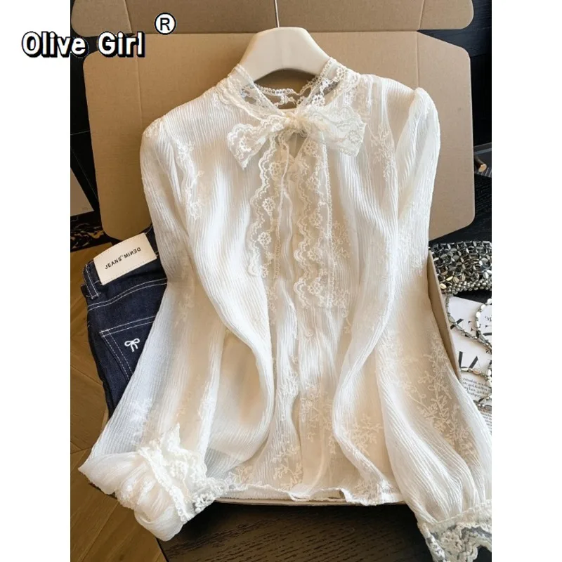 

Olivegirl French Bow Lace Border Shirt Women's Blouse Spring Summer High-end Design Loose and Slimming Top