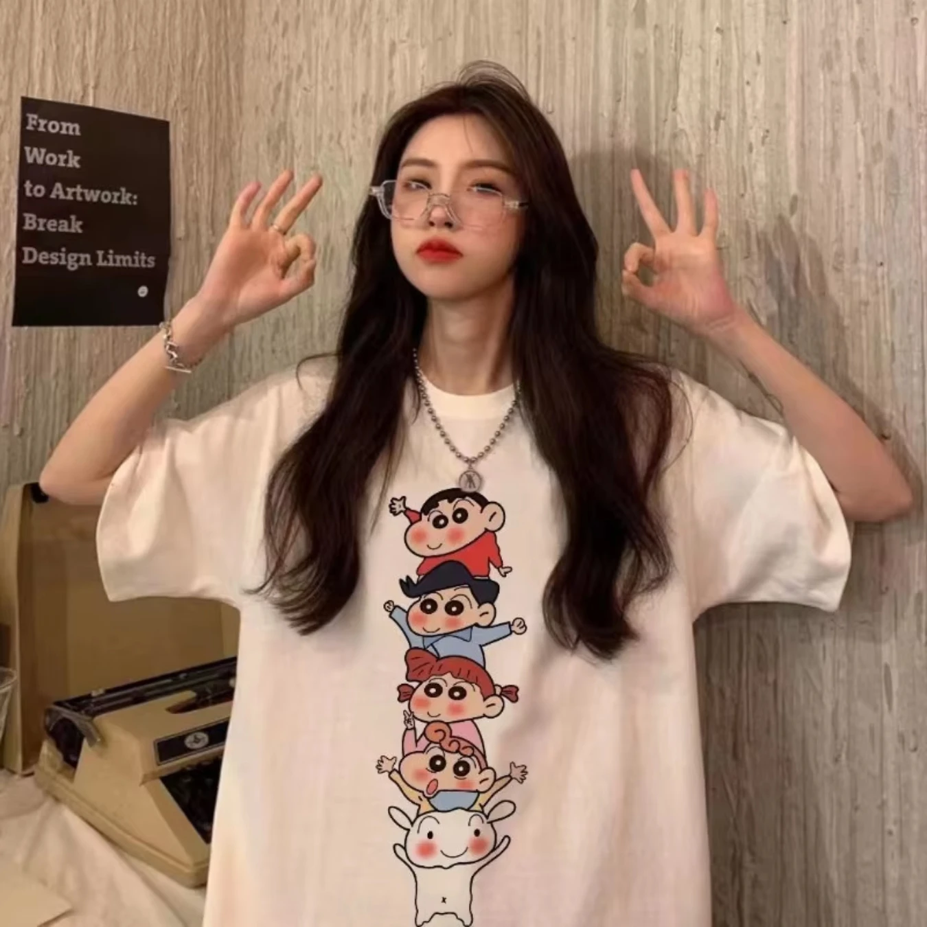 Crayon Shinchan Grafik T-Shirt Damen Übergroßes Baumwoll-T-Shirt Kawaii Sommer Cartoon Print Streetwear Fashion Top ​   Plus Size