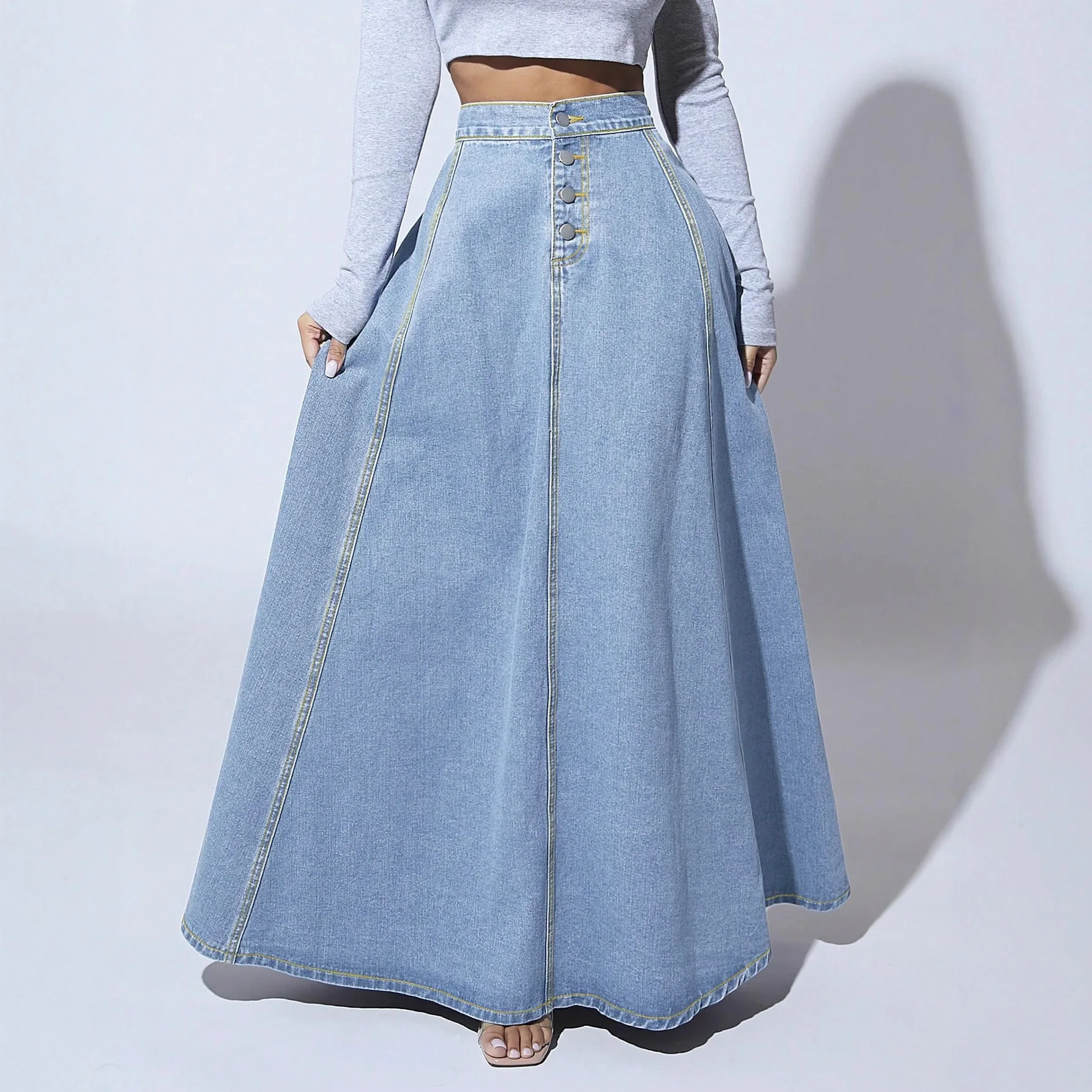 Cross-Border Style A-Line  Skirt Single Button Design Gothic Wind Denim Women's Fashion Spring Season Chinese Origin