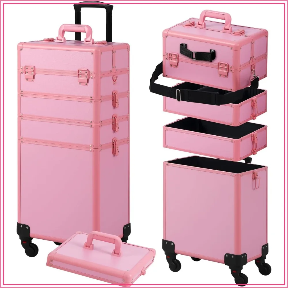 

Rolling Makeup Train Case with Lid, 5-in-1 Cosmetology Case on Wheels, Large Makeup Organizer for Salon Barber, Pink