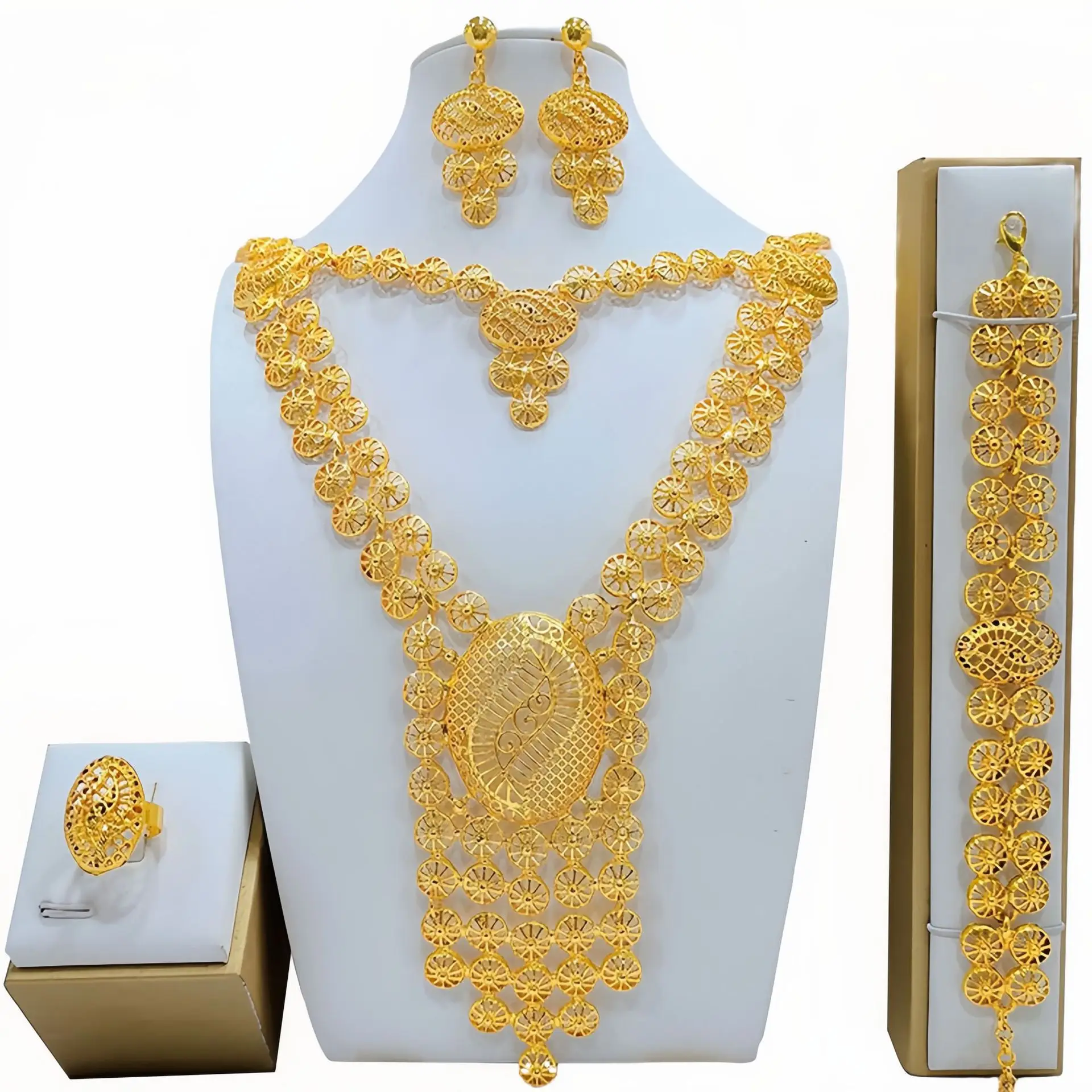 24K الذهب الحقيقي 9999 الذهب الأصفر والمجوهرات دعوى قلادة طويلة دعوى سوار حلقة أقراط قلادة الزفاف