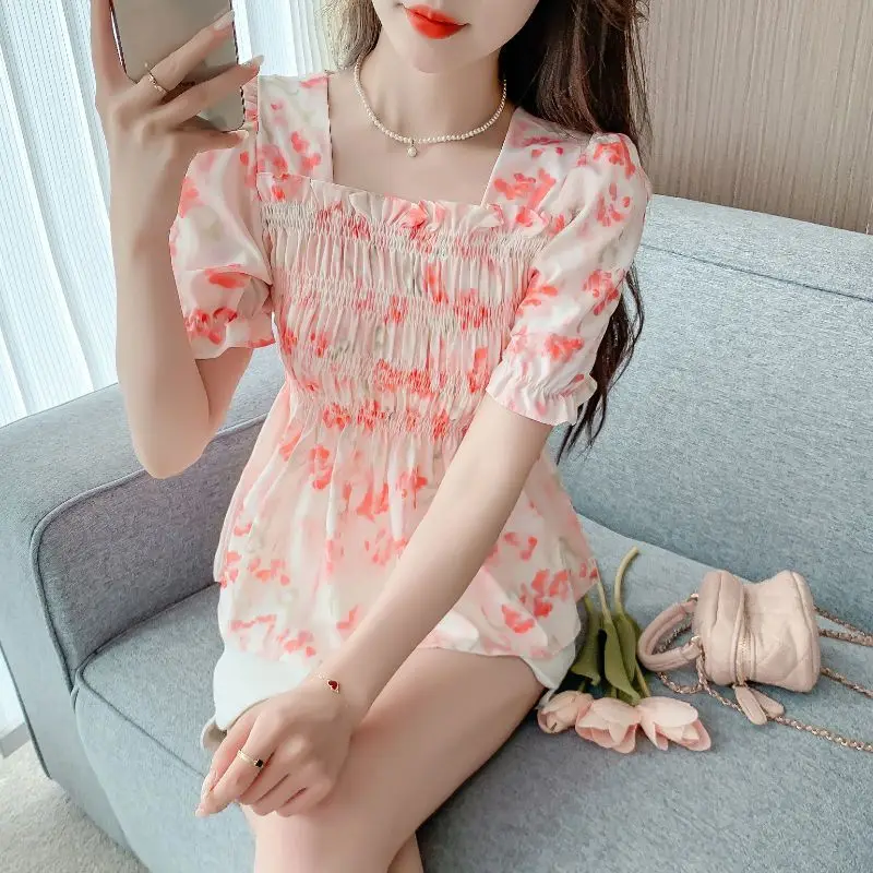 

Jianlangdi Square Collar Slim Fit Chiffon Short Sleeve Floral Summer Slimming Fashionable Women's Top