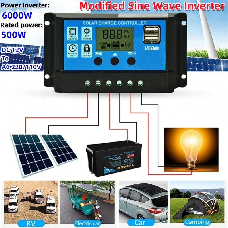 6000W Car Inverter DC 12V To AC 220/110V USB Modified Sine Wave Converter with Smart LCD Display (with/without Solar Panel Kit)