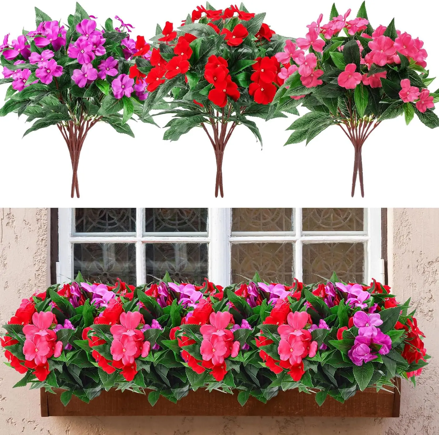 

10 Bundles Artificial Impatiens Bouquet Flowers for Outdoors Silk Faux Flowers Indoor Fake Plastic Plants Patio Lawn Gar