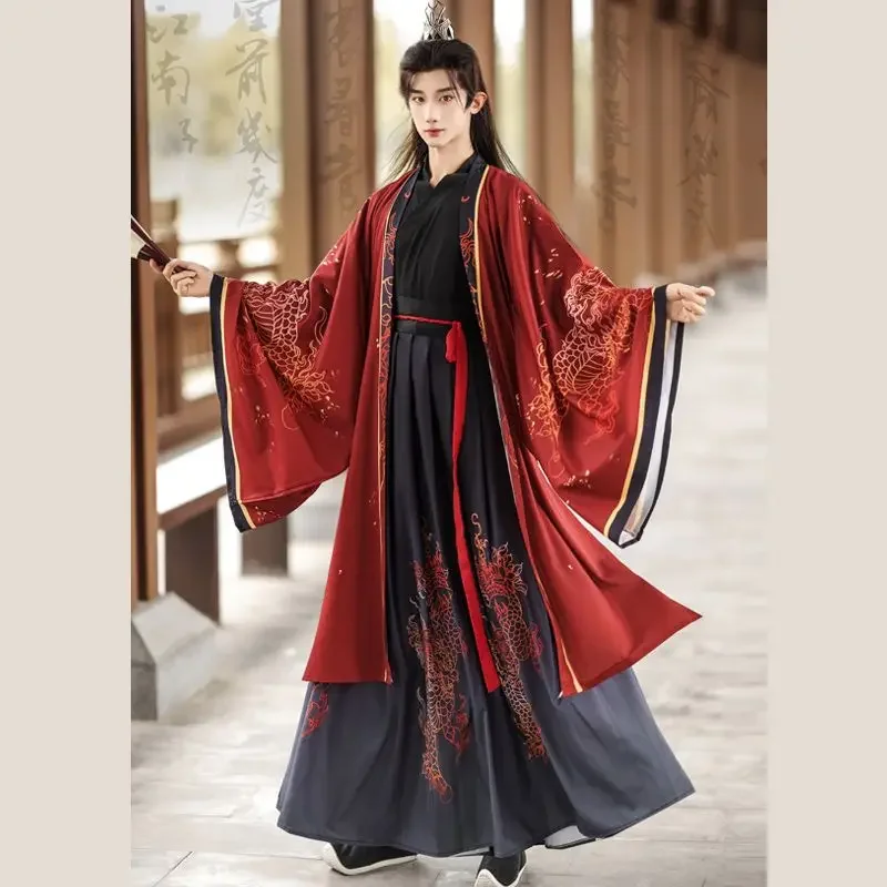 Autumn WeiJin Style Red Black Printed Hanfu Dress Men's Chinese Traditional Hanfu Knight Cosplay Costumes Carnival Plus Size 3XL