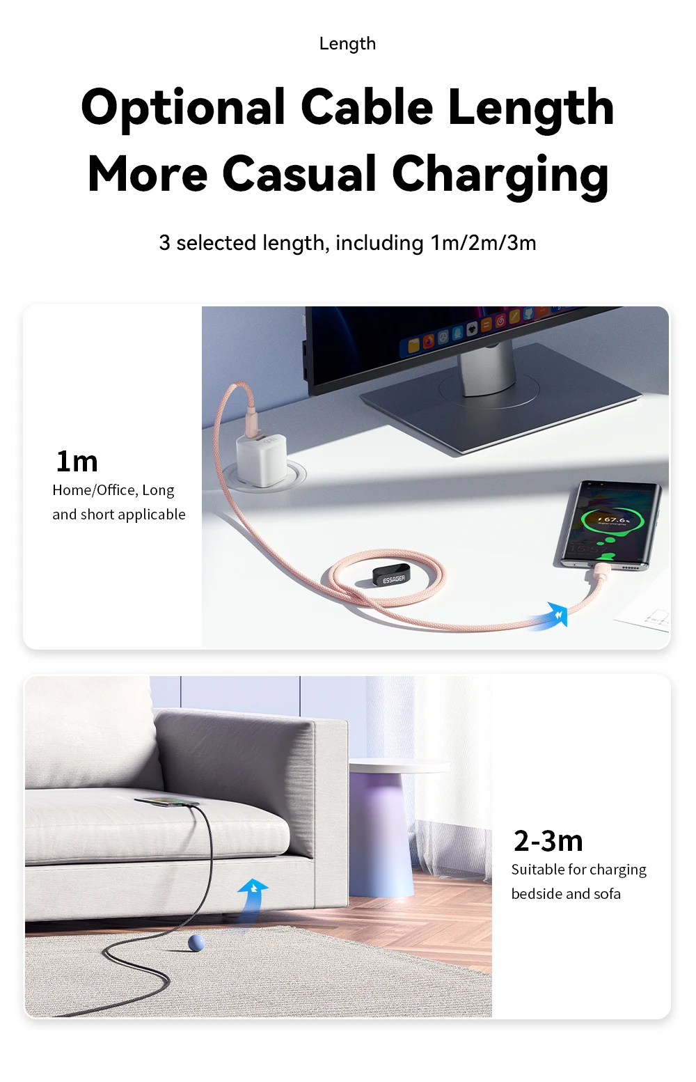 Essager 7A 100W USB Type C Cable For Huawei Honor 88W PD Fast Charging Charger USB A Data Cord Cable For Xiaomi Oneplus Samsung