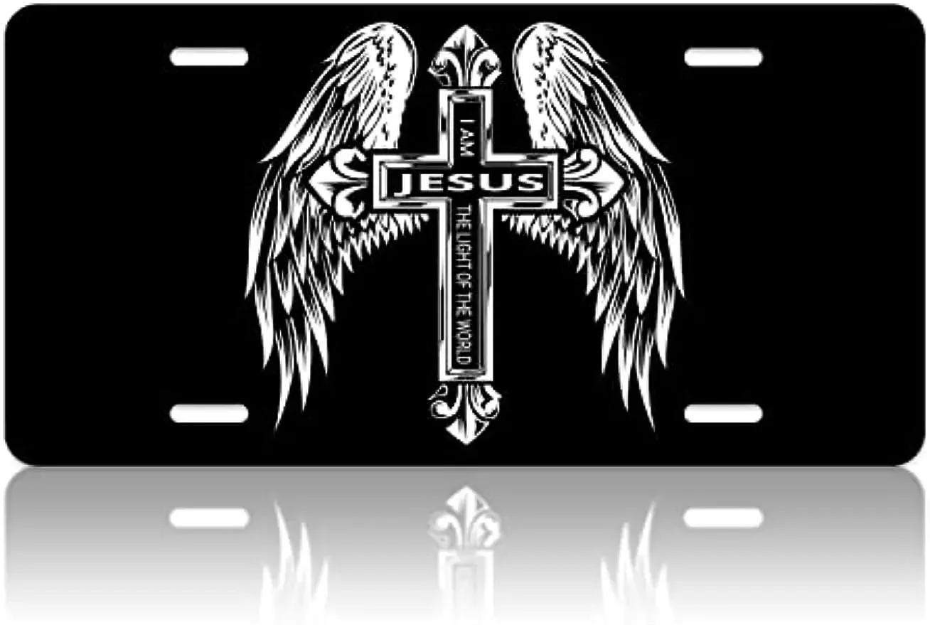 

Забавная крышка переднего номерного знака автомобиля с христианским крестом и крыльями «Я Иисус», свет мира, крышка номерного знака, подходит для автомобиля США