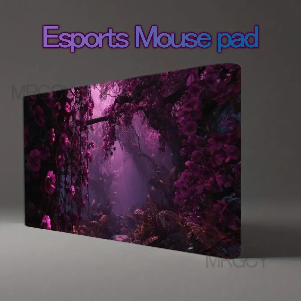 Mystic Purple Floral Forest Desk Mat, Enchanted Vine Flower Large Extended Mousepad, Gaming & Trading Card Game Playmat