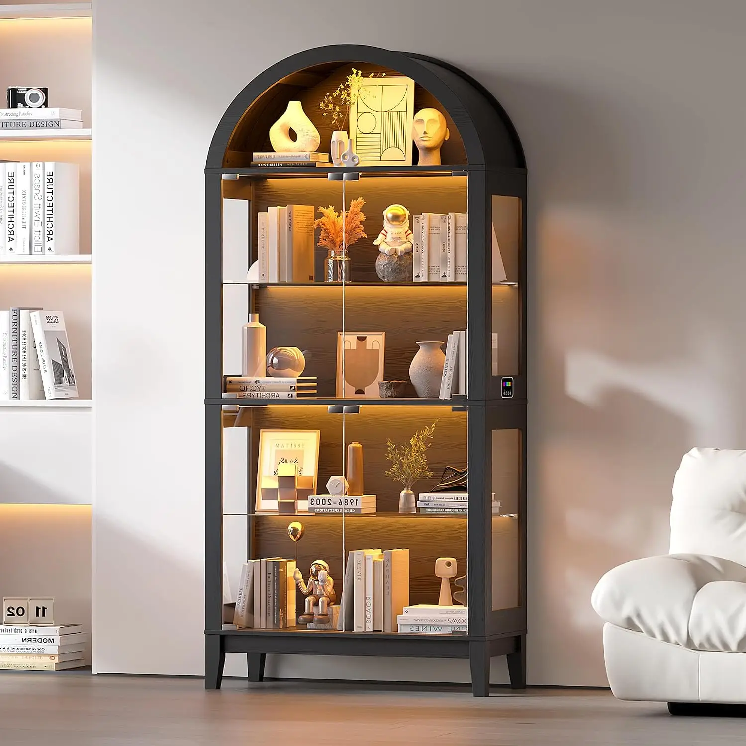 Arched Glass Display Cabinet RGB Dimmable LED Lights Black, Customized