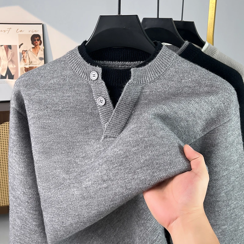 High end fake two-piece knitted sweater men's winter thicken warm new fashion button personality splicing round neck pullover