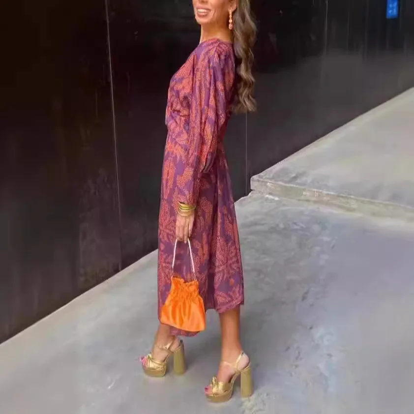 Vrouwen Vintage Bloemenprint Maxi Jurk Boho 3/4 Mouw Oversized Lange Jurk Casual Harajuku v-hals Vakantie Jurk Elegant Gewaad