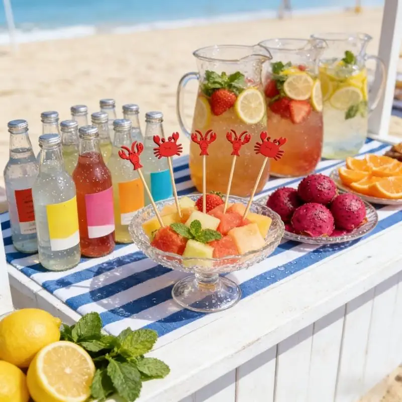 100 Stück 12cm Krabbenschalen-Bambus-Cocktailspießchen, Frucht-Cupcake-Aperitif-Topper, Hawaiianische Sommer-Strandparty-Zubehör – Detail 7