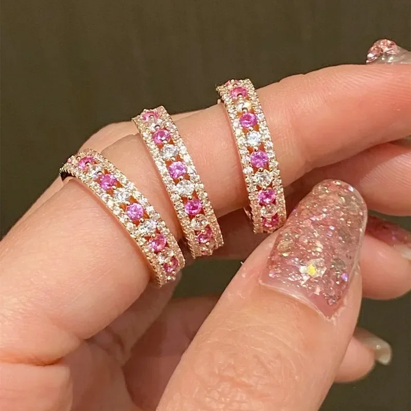 Sweet style copper plated material Hollow Full Circle Single Row Pink Crystal Shiny Engagement Ring Fashion Romantic Jewelry