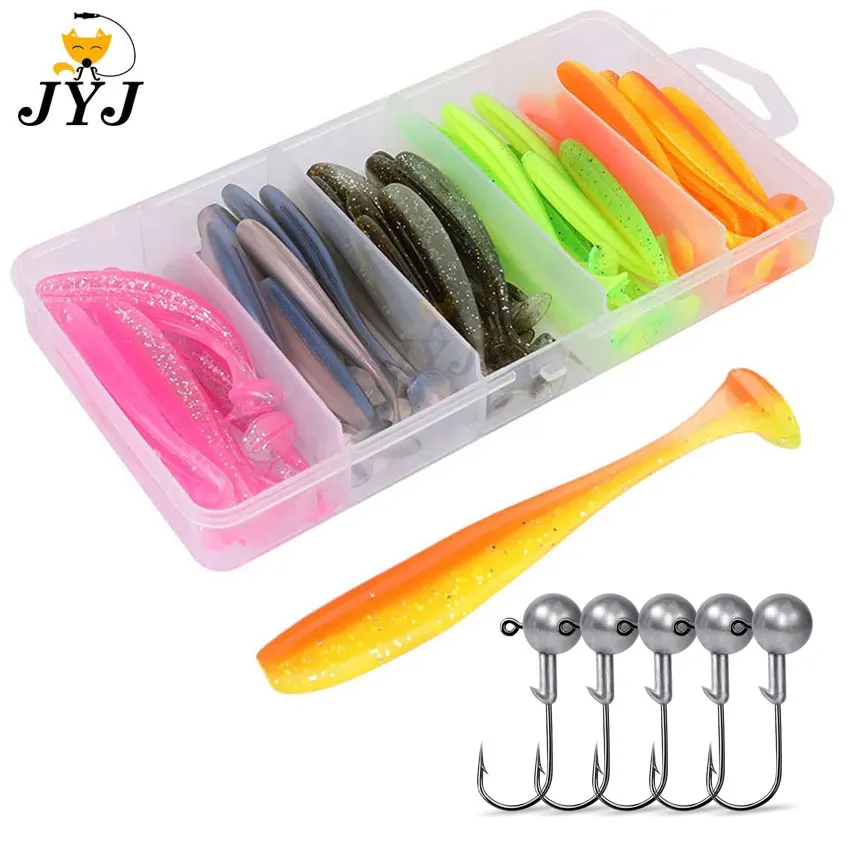 JYJ box package 50pcs 5cm 5.5cm 6cm 7cm soft T tail paddle tail baits ,artificial isca pesca wobbler bass minnow lure silica