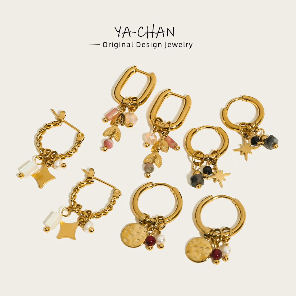 YACHAN 18K Gold Plated Stainless Steel Hoop Earrings for Women Natural Stone Pink Cute Charms Waterproof Jewelry