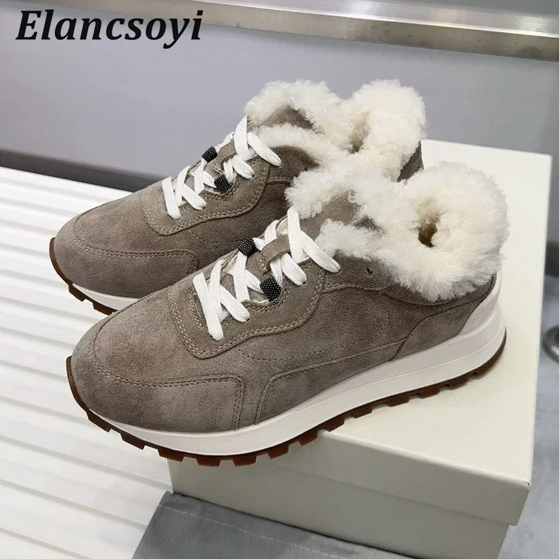 Sneakers Women's Thick Sole Lace Up Daddy Shoes Suede Round Toe String Bead Flat Shoes Winter Real Wool Lining Warm Casual Shoes