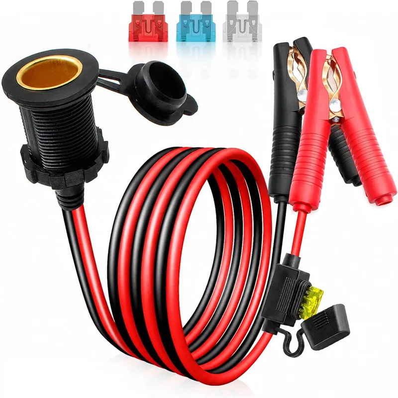 12AWG Pure Copper Wire 12/24V Battery Alligator Clip To Threaded Cigarette Lighter Female Socket Cable for Vehicle Power Supply