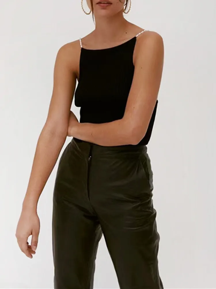 عرض خاص سعر المرأة الرسن مطرز متماسكة بروتيل مثير أكمام الأسود تريكو كاميس للإناث