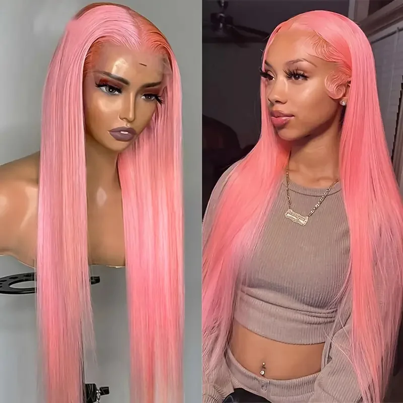 13x6 Pink Straight Hd Lace Front Wig For Women Brazilian 100% Human Hair Preplucked Remy 200% Colored Straight Lace Frontal Wigs