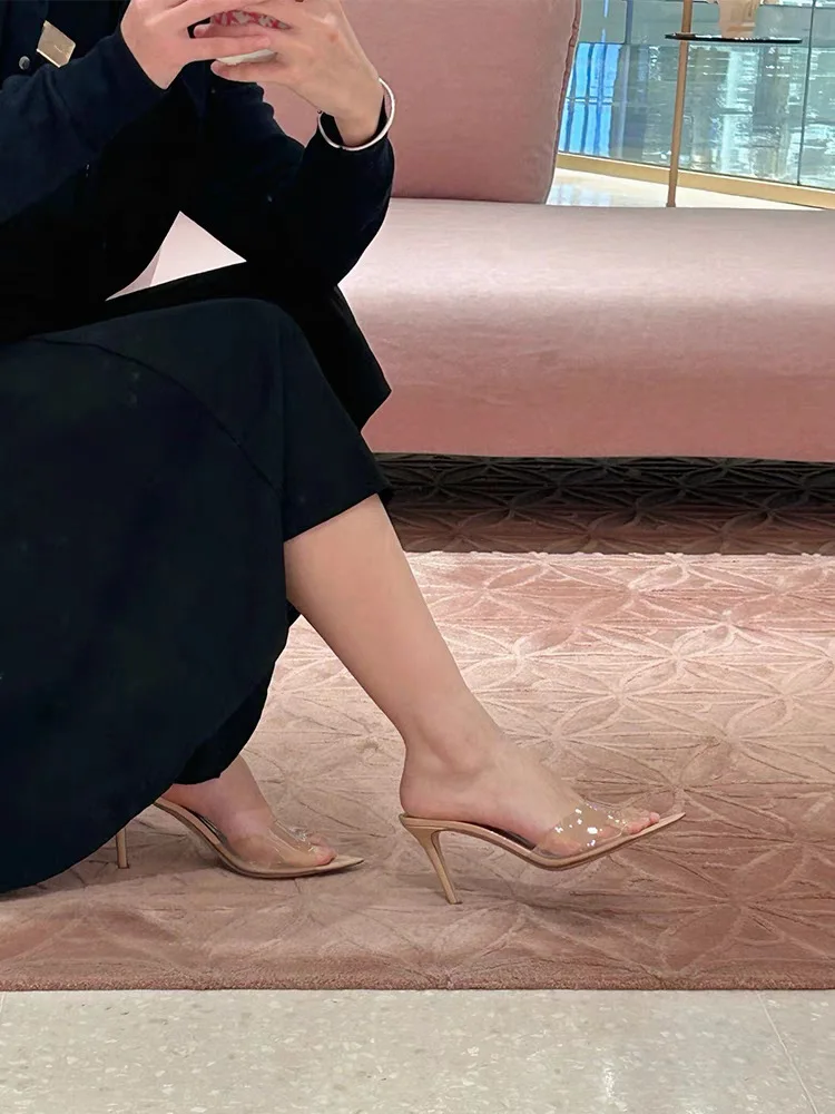 

Fashion New Summer Women's High-heeled Sandals Simple Transparent High-heeled Slippers Stiletto Pointed Open-toed Slippers Mules