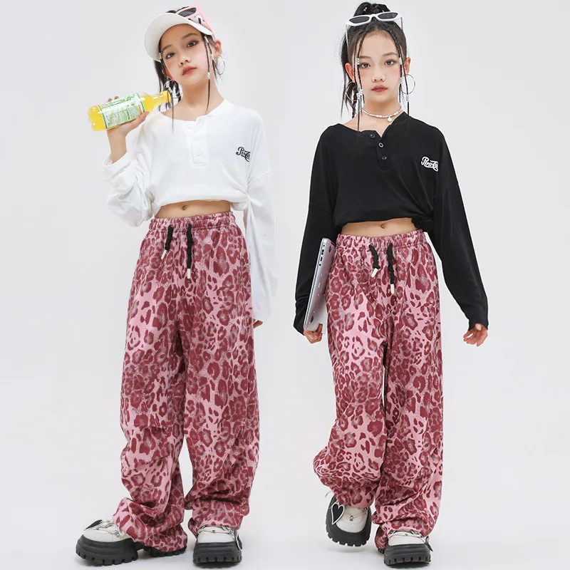 Kind Hip Hop Kleidung Geraffte Crop Top Langarm T-shirt Rosa Leopard Print Casual Hosen für Mädchen Jazz Dance Kostüme Kleidung